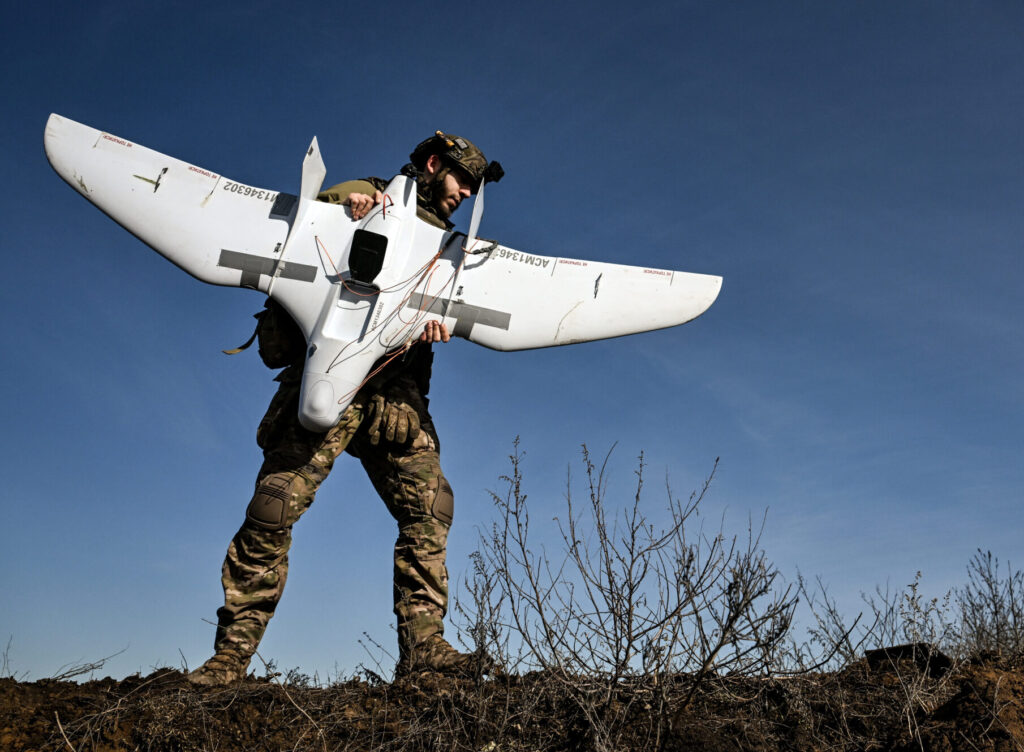 A soldier gets ready to launch a UAS A1-CM ''Furia'' used for reconnaissance and artillery fire correction in the Zaporizhzhia direction, Ukraine, on February 22, 2026. (Photo by Dmytro Smolienko/Ukrinform)NO USE RUSSIA. NO USE BELARUS. (Photo by Ukrinform/NurPhoto)NO USE FRANCE